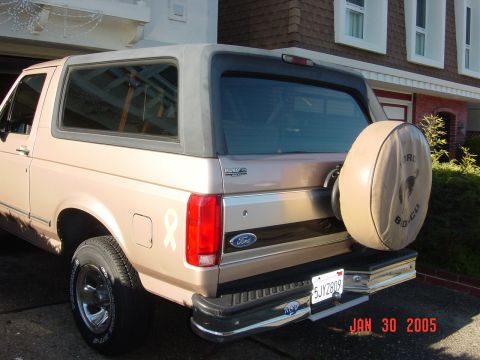 1990 Ford Bronco - Rear view of a 1990 Ford Bronco, a spare tire cover with the Bronco emblem.