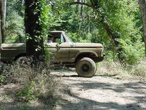 1978 Ford Bronco - A tan 1973 Ford F-Series truck is seen from the side, driving on a dirt path surrounded by dense foliage.