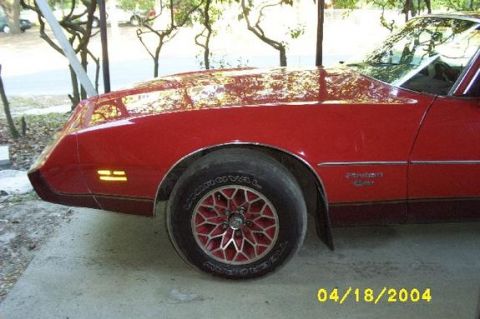 1979 Pontiac Firebird - The side profile of a red coupe shows its distinctive body lines and a turbine-style wheel.