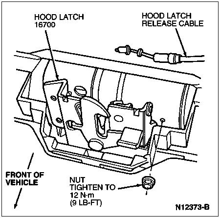 1999 Ford Contour - Schematic line drawing of the hood latch and release cable with a nut tightening torque of 12 N-m (9 lb-ft).