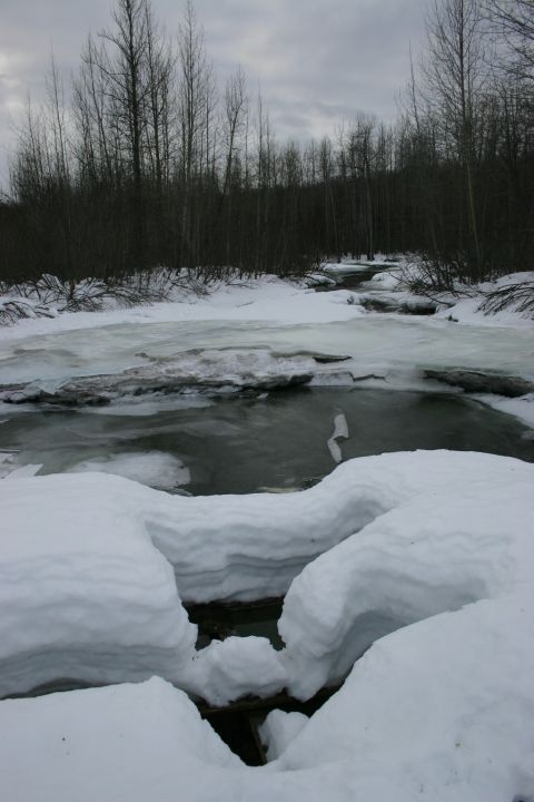 2003 Jeep TJ - Winter scene of a partially frozen stream flowing through a snow-covered forest.