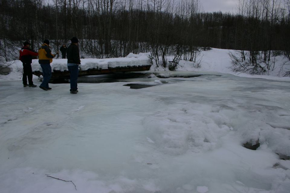 Three people stand on a frozen riverbank near a partially frozen stream with trees in the background