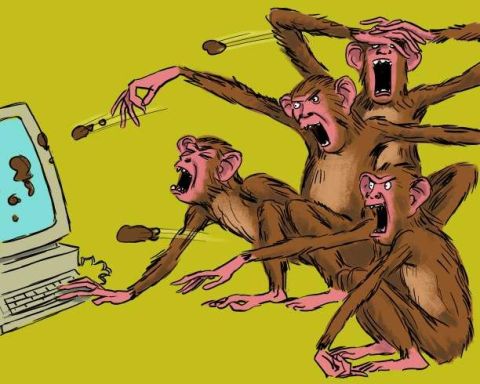 1990 Ford Probe - A group of monkeys appears to be attacking a computer, throwing objects at it.