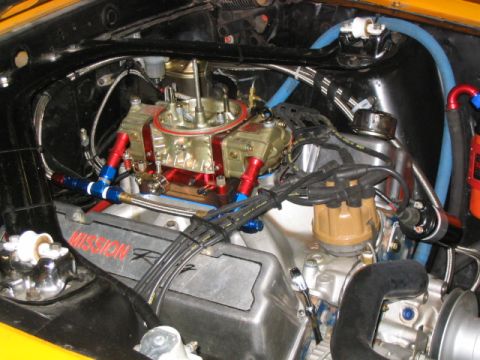 1970 Ford Mustang - Jan 05 engine compartment. BIGGS modified carb, and Roush intake