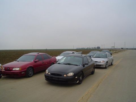 2002 Ford Taurus - A group of sedans, including red and black Ford Tauruses, are parked on the side of a road.