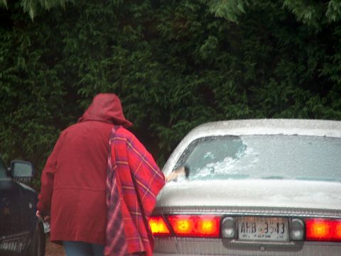 1998 Ford Taurus - A person is clearing snow from the rear window of a car, with another vehicle partially visible on the left.