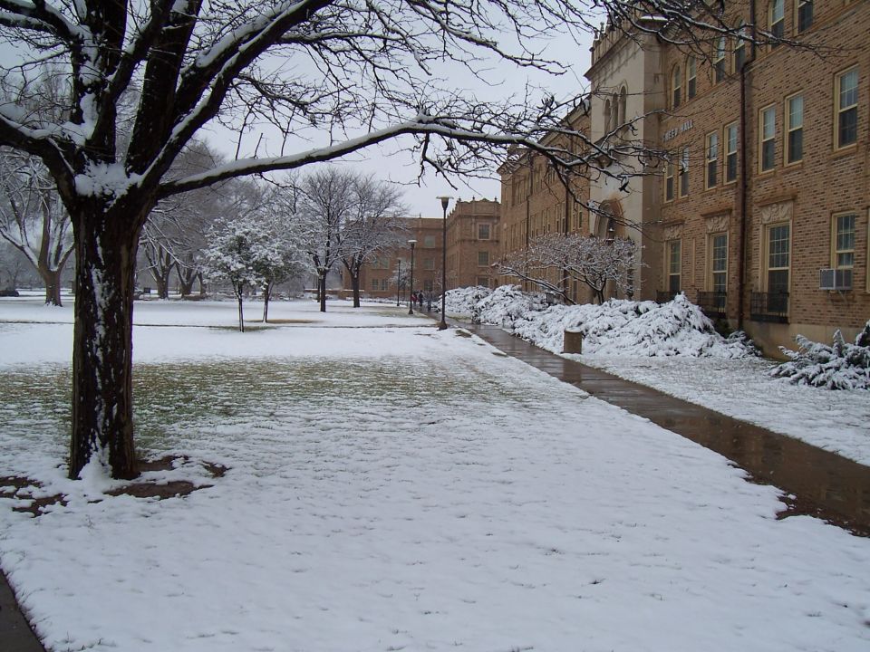 Snowy campus walkway beside a tan brick academic building and bare trees