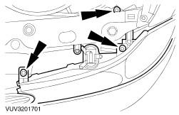 1999 Ford Contour - Schematic line drawing pointing with arrows to fastener locations on an underhood component bracket.