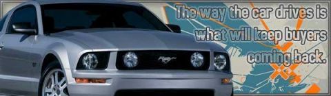 2000 Ford Mustang - The front of a silver Ford Mustang is shown with a graphic overlay containing text about what keeps buyers coming back.