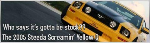 2000 Ford Mustang - Modified yellow Ford Mustang on a track, with text indicating it's a 2005 Steeda model.