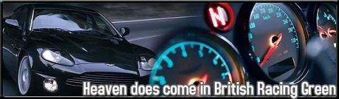 2000 Ford Mustang - The dashboard gauges of a black Aston Martin DB7 are visible, with the speedometer indicating speed.