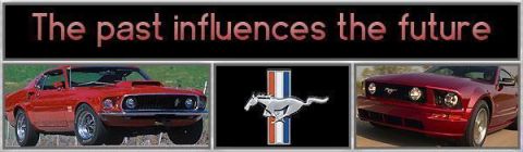 2000 Ford Mustang - The image displays a classic Mustang, the Ford Mustang emblem, and a contemporary Mustang, illustrating the evolution of the vehicle.