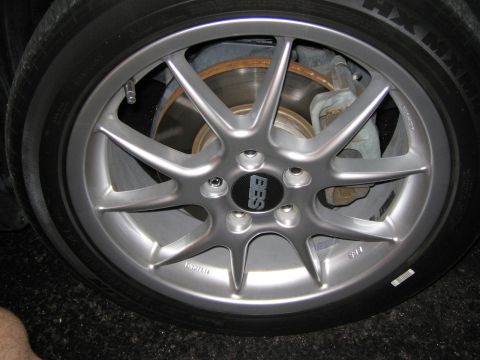 2004 Toyota Solara - Close-up of a silver BBS wheel, tire, and brake assembly.