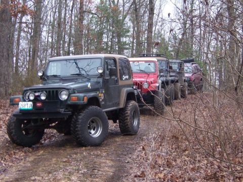 1999 Jeep TJ - A convoy of Jeeps, led by a dark green 1999 TJ, navigates a wooded trail during an off-road outing.