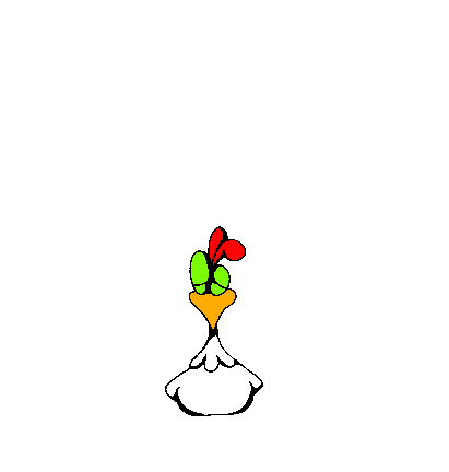 1979 Ford F-150 - A cartoon chicken with a white body, orange beak, and green eyes is depicted against a black background.
