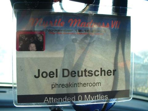 1993 Ford Probe - This is a close-up of an event badge for Joel Deutscher, indicating attendance at Myrtle Madness VI.