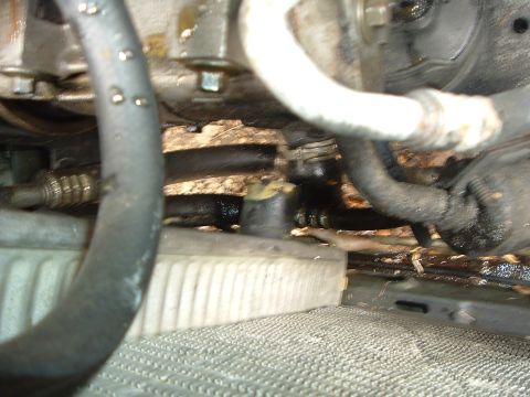 1993 Ford Taurus - Close-up view of engine components and radiator, showing signs of fluid leaks.