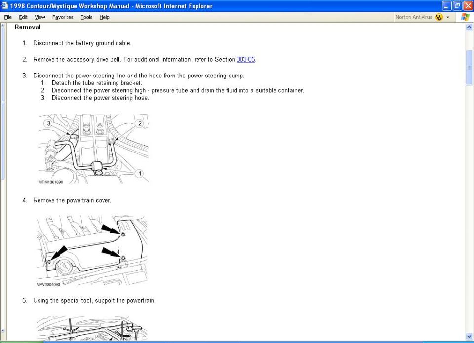 Workshop manual page showing removal steps with diagrams for power steering and powertrain