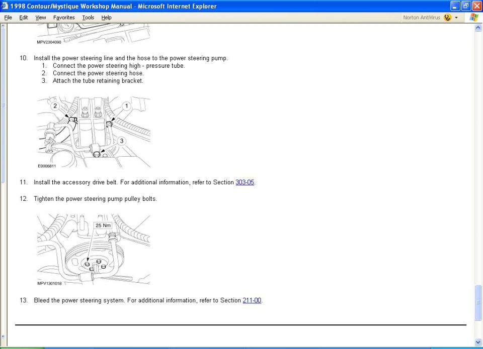 Workshop manual page with diagrams for power steering system installation and tightening