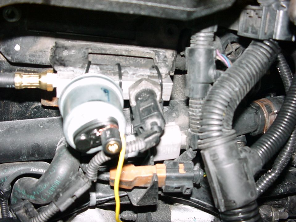 Engine bay with fuel pressure regulator, sensors, and hoses