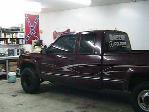 1981 Chevrolet C/K Pickup - This maroon pickup truck, likely from the early 1990s, is shown in a garage with a Confederate flag in the background.