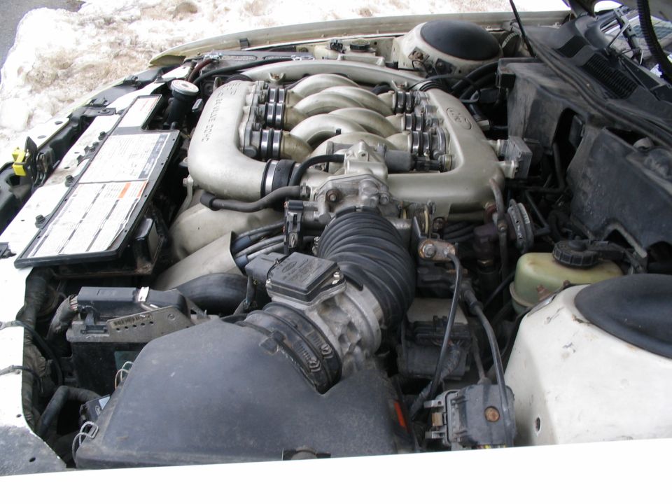 Engine bay with V-shaped intake manifold, air intake hose, and battery visible