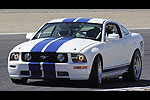 2000 Ford Mustang - This white Ford Mustang features prominent blue racing stripes and is captured on a race track, likely from the mid-2000s.