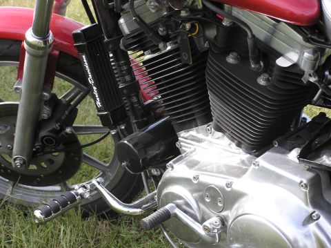 1995 Mercury Grand Marquis - Close-up of a Harley-Davidson motorcycle engine, showing the V-twin cylinders and front wheel assembly.