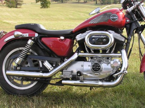1995 Mercury Grand Marquis - A red Harley Davidson motorcycle is parked on a grassy field, showing its engine and chrome details.