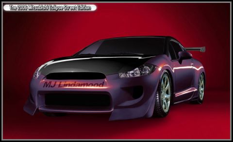 2000 Ford Mustang - A custom Mitsubishi Eclipse with a unique paint job and body kit is displayed against a red background.