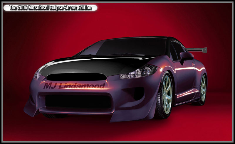 Purple Mitsubishi Eclipse with a black hood and a rear spoiler, viewed from the front-right