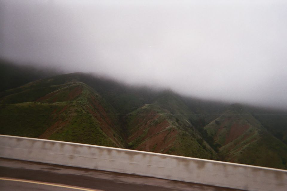 Green and red hillside with low fog above a concrete barrier