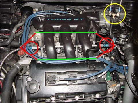 1995 Ford Probe - Close-up view of a modified engine bay, focusing on the intake manifold and fuel system components.
