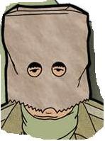 1996 Ford Bronco - A humorous illustration of a person with a paper bag obscuring their face, simple drawn eyes.