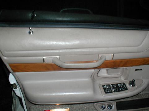 1979 Ford Bronco - Close-up of a car's interior door panel, wood trim and power controls.