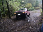 1992 Ford F-150 - A red 1992 Ford F-150 navigates a rough, wooded trail.