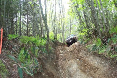 1992 Ford F-150 - A 1992 Ford F-150 navigates a challenging off-road descent through a wooded area.