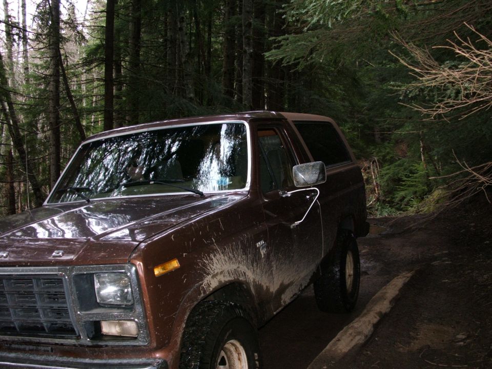 Brown Ford Bronco on a dirt road in a forest, covered in mud