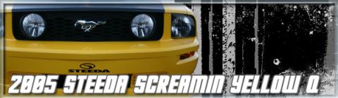 2000 Ford Mustang - This yellow Ford Mustang features a Steeda badge and "Screamin Yellow" text, indicating a 2005 model year.