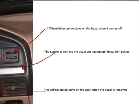1993 Ford Bronco - Dashboard interior showing 4x4 controls and air vents with instructional text.