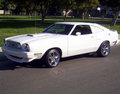 1978 Ford Mustang II - A white coupe is parked on a street with trees and grass in the background.