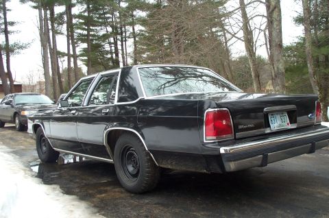 1991 Ford Crown Victoria LTD - Rear view of a black 1991 Ford Crown Victoria LTD, showing its distinctive taillights and chrome bumper.