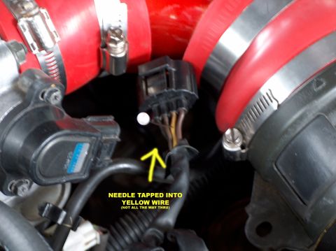1996 Ford Probe - Close-up view of engine components, including a wiring harness and red hoses, with a needle inserted into a yellow wire.