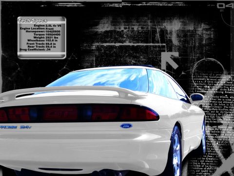 2000 Ford Mustang - The rear of a white Ford Probe GT is shown with a graphic background and tech specs.