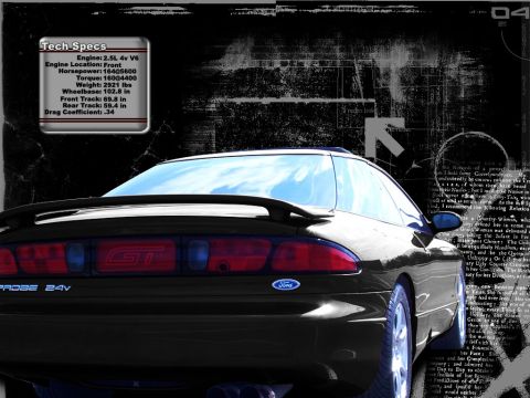 2000 Ford Mustang - Rear view of a black Ford Probe GT, a spoiler and detailed tech specifications.
