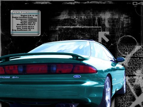 2000 Ford Mustang - Rear view of a green Ford Probe GT, a spoiler and distinctive taillights. The "Tech Specs" box provides engine and performance details.