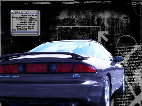 2000 Ford Mustang - The rear of a dark purple Ford Probe GT is visible, with 'PROBE 24V' badging and a spoiler.