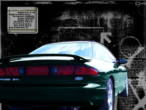 2000 Ford Mustang - Rear view of a dark green coupe with a GT badge and "PROBE 24V" badging.