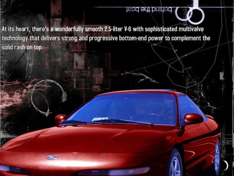 2000 Ford Mustang - This red coupe features a Ford badge and a distinctive body style, likely from the mid-1990s.