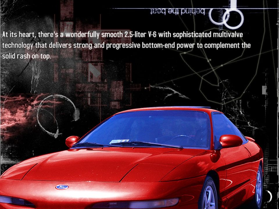 Red coupe with a blue windshield and a Ford logo on the hood